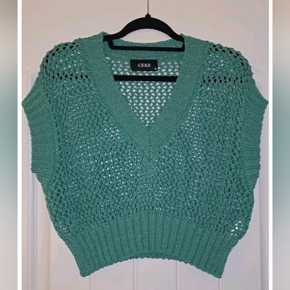 Cider Green Open-Knit Pullover Sleeveless V-Neck Regular Fit Pullover Sweater XL
